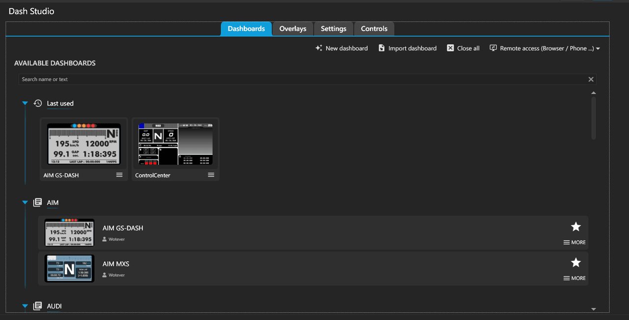 The Dash Studio Dashboards tab listing installed dashboards grouped by brand, with AIM GS-DASH and ControlCenter shown under Last used
