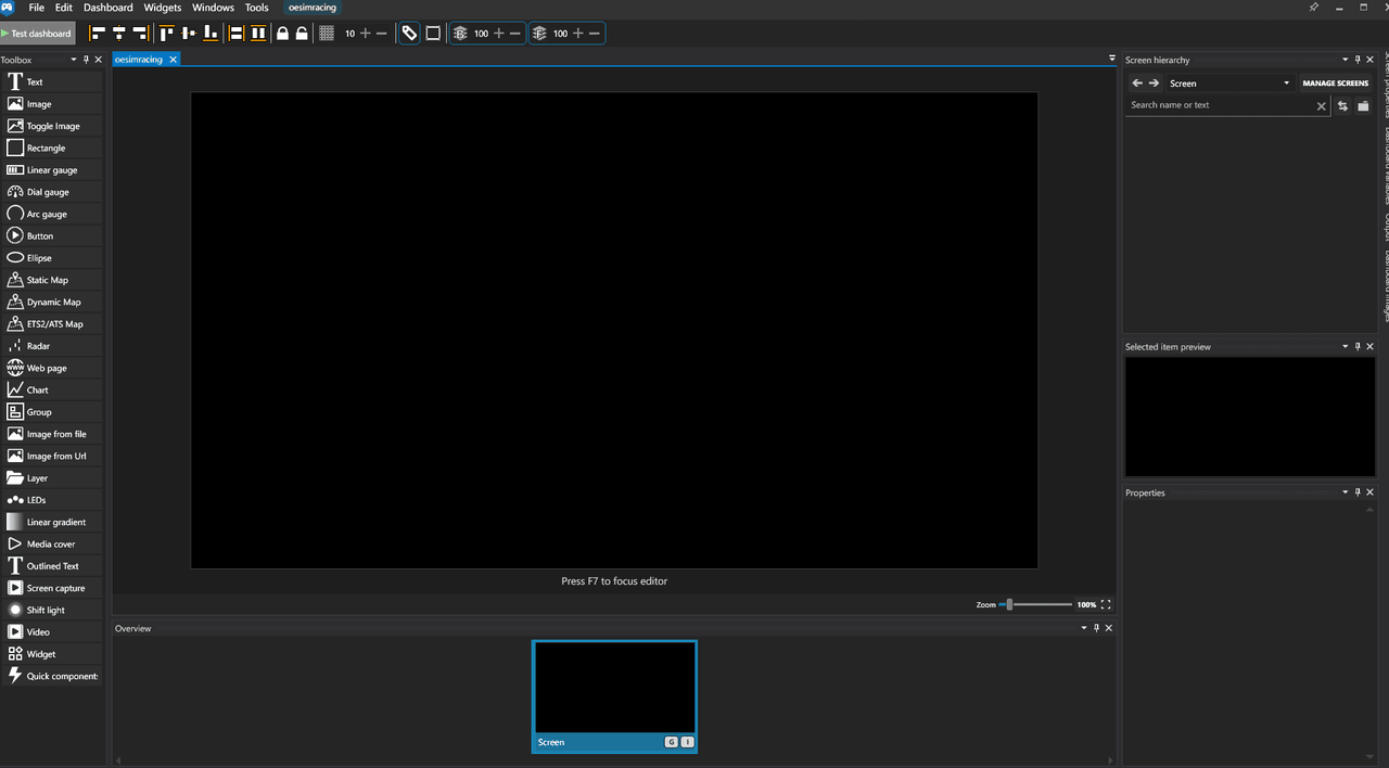 The Dash Studio editor with an empty black canvas, the Toolbox panel on the left listing every available widget, Screen hierarchy and Properties panels on the right, and the Overview screen strip along the bottom