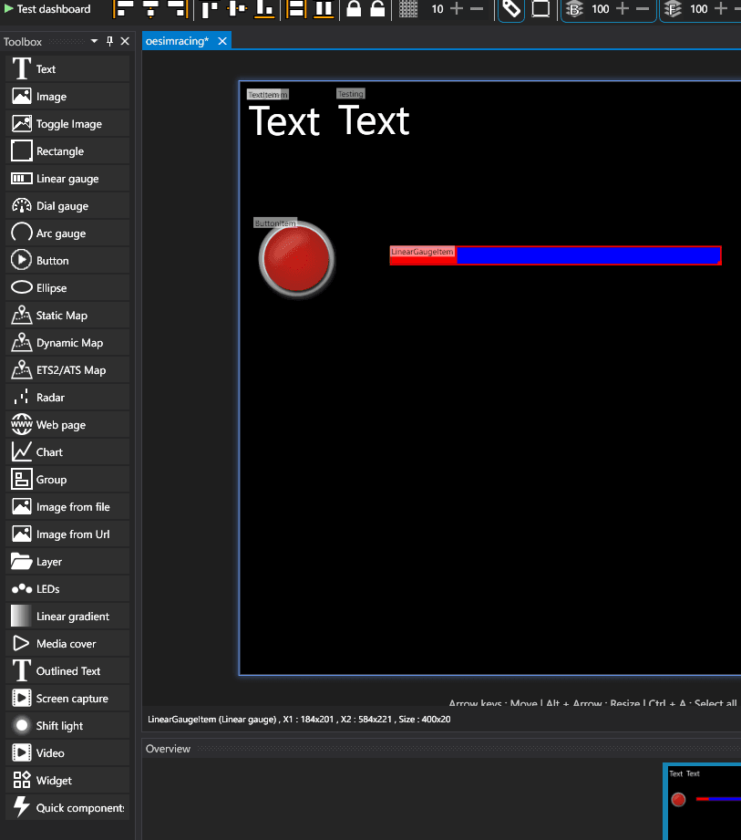 The Dash Studio canvas with two text items, a round button and a linear gauge placed on it, each showing its item label, with the status bar reading LinearGaugeItem X1 184x201 X2 584x221 Size 400x20