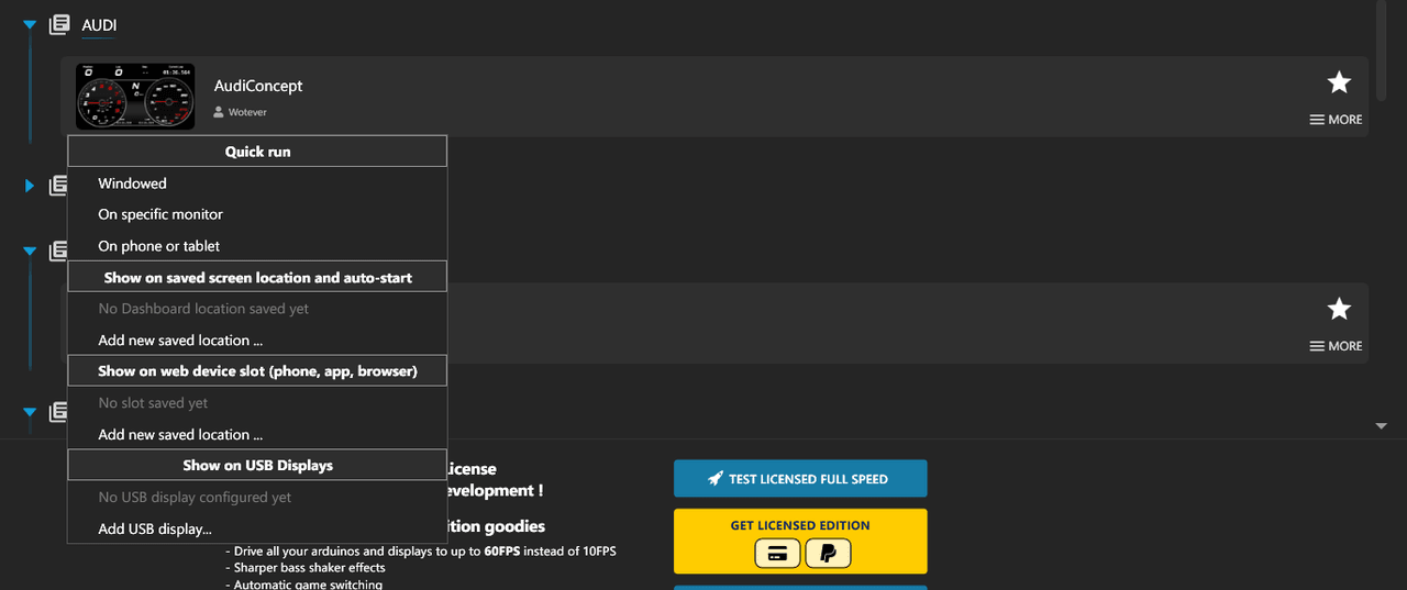 The dashboard context menu in SimHub showing Quick run options and the Show on web device slot section for saving a phone, app or browser as a destination