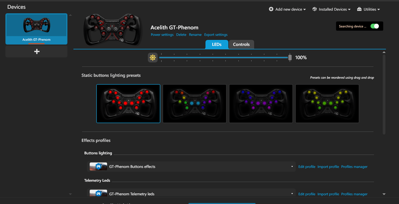 SimHub’s Devices screen showing an Acelith GT-Phenom wheel with its LEDs tab open — a brightness slider at 100%, four static button lighting presets that can be reordered by drag and drop, and Effects profiles for Buttons lighting and Telemetry Leds, each with Edit profile, Import profile and Profiles manager links