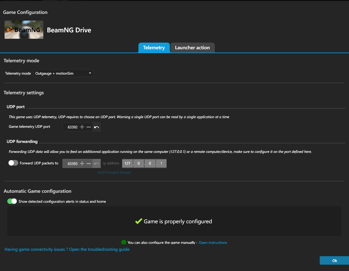 SimHub's Game Configuration dialog for BeamNG Drive, on the Telemetry tab: telemetry mode set to Outgauge + motionSim, game telemetry UDP port 63392, a UDP forwarding row with a second port of 63393 pointing at 127.0.0.1, and an Automatic Game configuration panel reading Game is properly configured