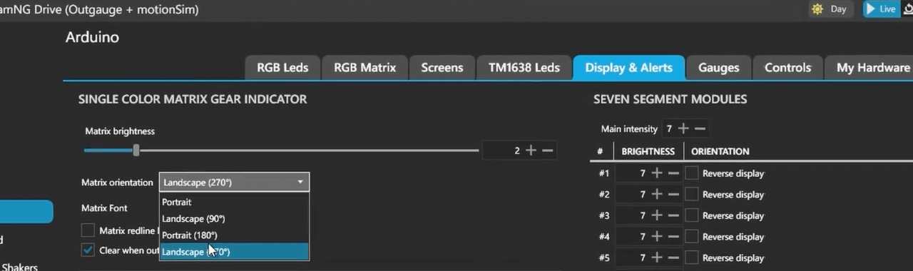 SimHub Display & Alerts tab showing the single colour matrix gear indicator settings, including Matrix Font, Matrix redline blink and Clear when out of game