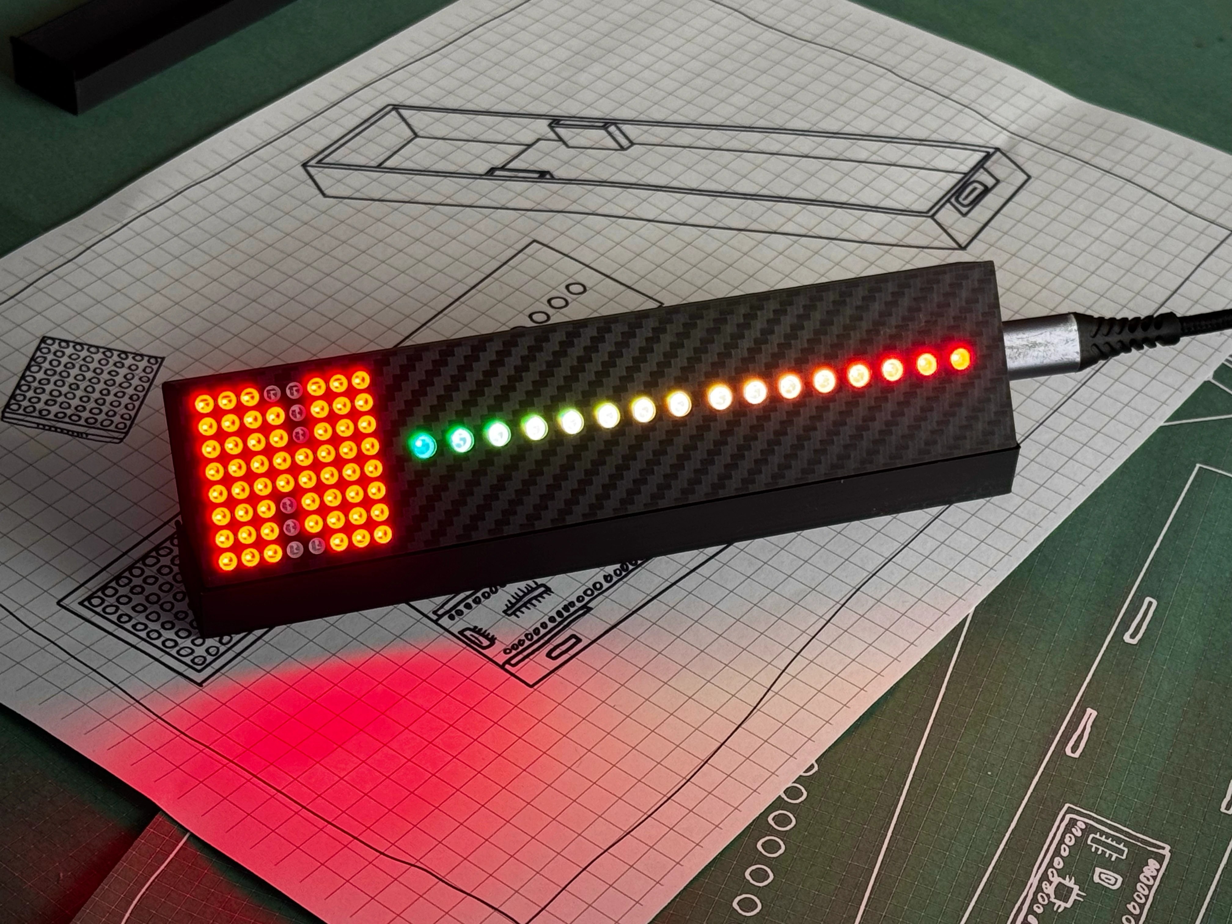 Gear Indicator + Shift Lights sim racing display lit on oesimracing design blueprints - red 8x8 gear matrix beside a 16-LED green-to-red rev bar in a carbon-fibre housing, USB-C connected