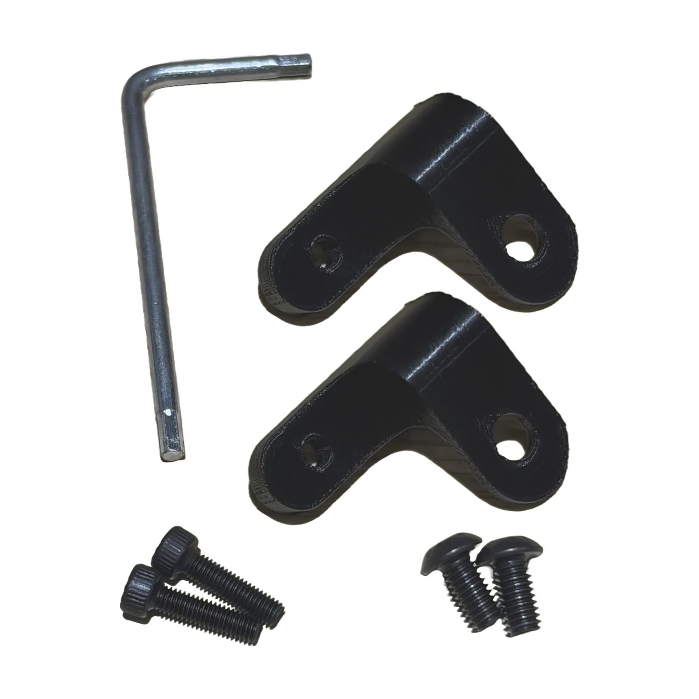 The MOZA R3 to R12 Rev Gauge mount on white: two black L-shaped brackets, the bolts that fix them, and the allen key