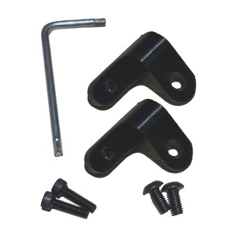 The MOZA R3 to R12 Rev Gauge mount on white: two black L-shaped brackets, the bolts that fix them, and the allen key