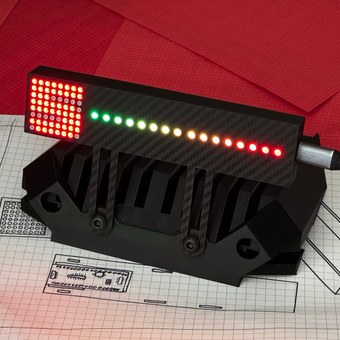 Gear Indicator + Shift Lights mounted on a Fanatec wheelbase bracket - lit red 8x8 gear matrix beside a green-to-red 16-LED rev bar in a carbon-fibre housing, USB-C connected, on oesimracing design blueprints