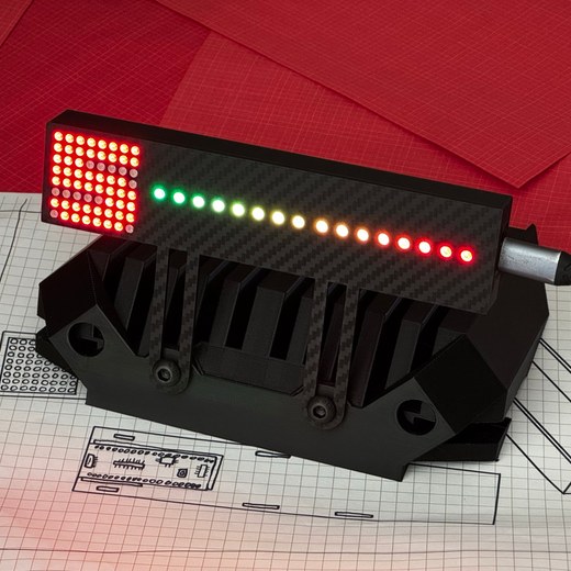 Gear Indicator + Shift Lights mounted on a Fanatec wheelbase bracket - lit red 8x8 gear matrix beside a green-to-red 16-LED rev bar in a carbon-fibre housing, USB-C connected, on oesimracing design blueprints
