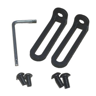 The Fanatec Rev Gauge mount on white: two black slotted arms, the bolts that fix them, and the allen key