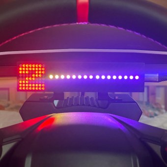 Gear Indicator + Shift Lights on a MOZA wheelbase, the red 8x8 matrix showing second gear beside a lit 16-LED shift bar