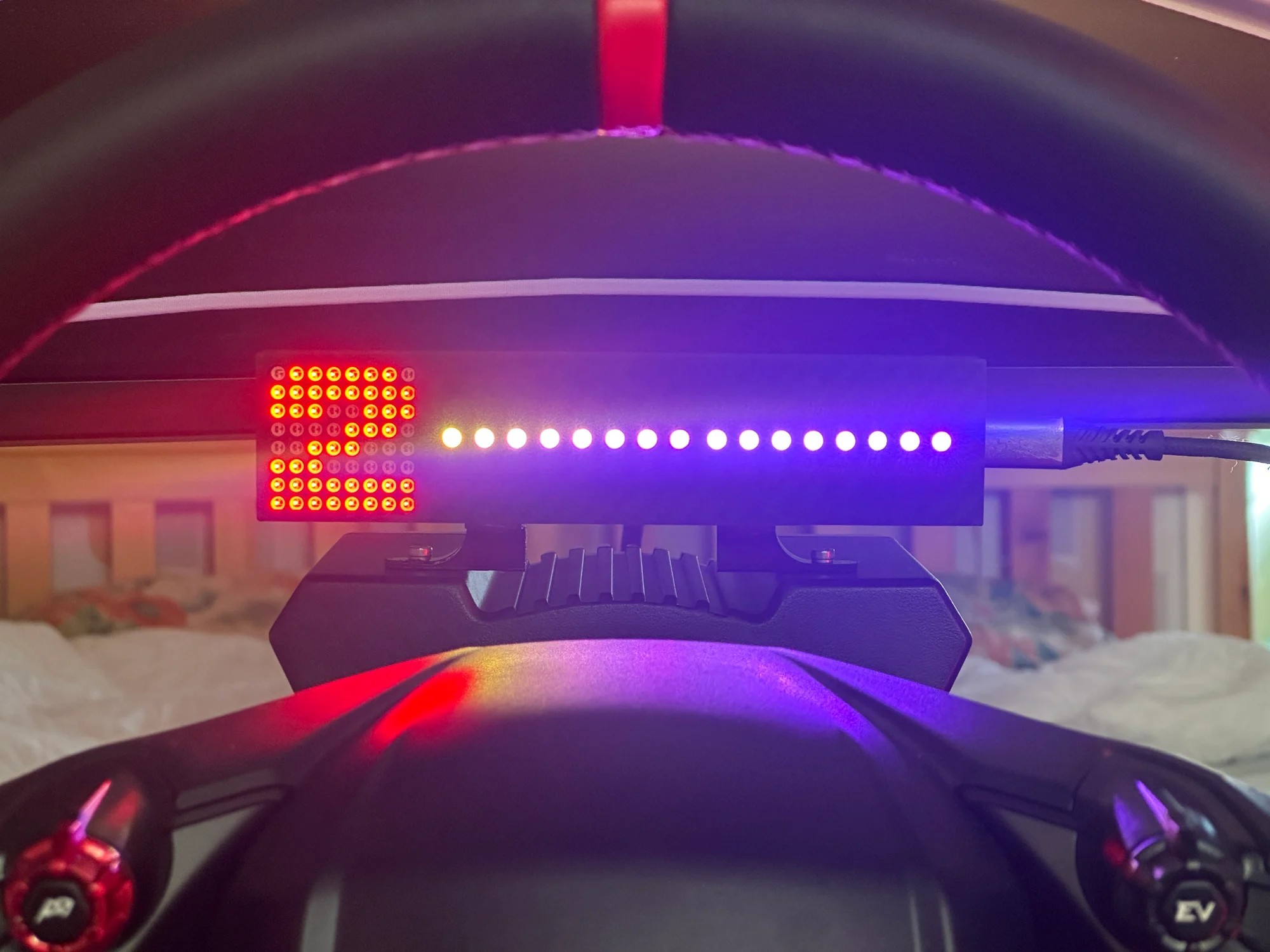 Gear Indicator + Shift Lights on a MOZA wheelbase, the red 8x8 matrix showing second gear beside a lit 16-LED shift bar