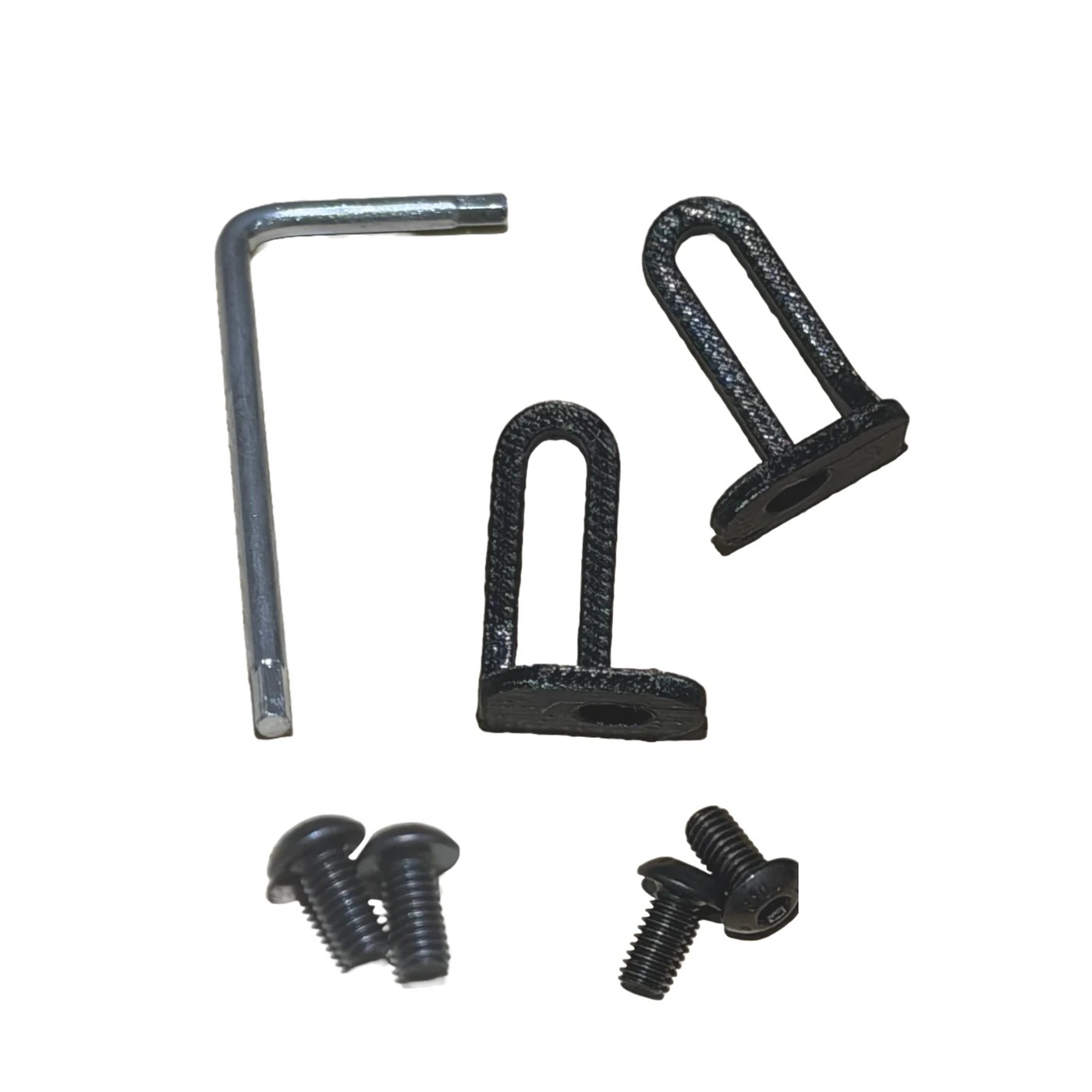 The Simagic Alpha ReMount legs on white: a pair of black PETG brackets, the bolts that fix them to the unit and to the wheel base, and the allen key