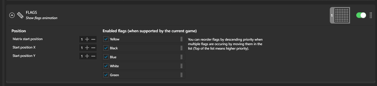 SimHub Flags effect for the iFlag with Yellow, Black, Blue, White and Green flags enabled and a note about reordering by priority