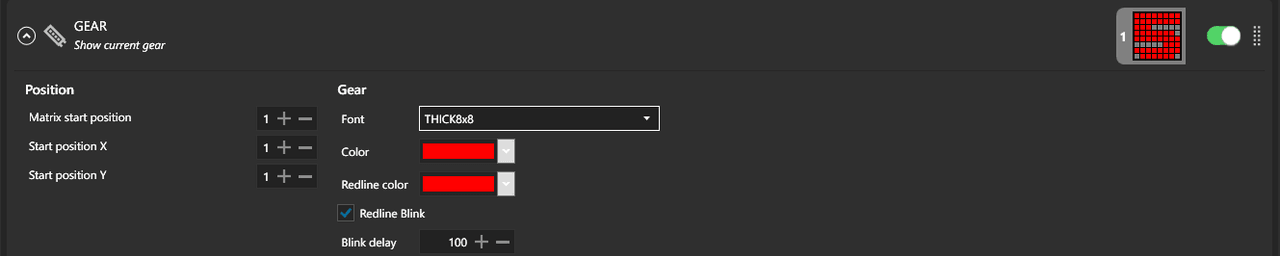 SimHub Gear effect for the iFlag with Font set to THICK8x8, red colour, redline colour and Redline Blink enabled
