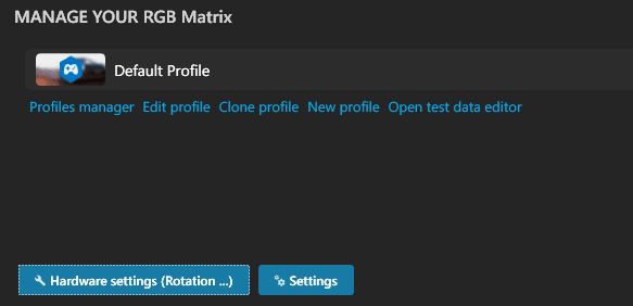 The Hardware settings (Rotation ...) button below the RGB Matrix profile in SimHub
