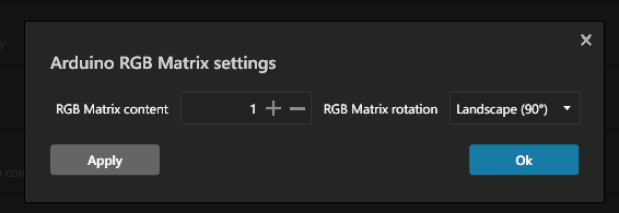 Arduino RGB Matrix settings dialog with RGB Matrix rotation set to Landscape (90 degrees)