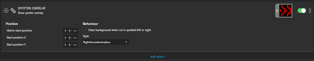 SimHub Spotter overlay effect for the iFlag set to the RightArrowAnimation style, with a red arrow blind-spot animation shown on the matrix preview