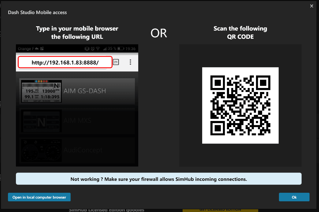 SimHub's Dash Studio Mobile access dialog showing the URL http://192.168.1.83:8888/ highlighted in a red box, a QR code alternative, and a note reading Not working? Make sure your firewall allows SimHub incoming connections