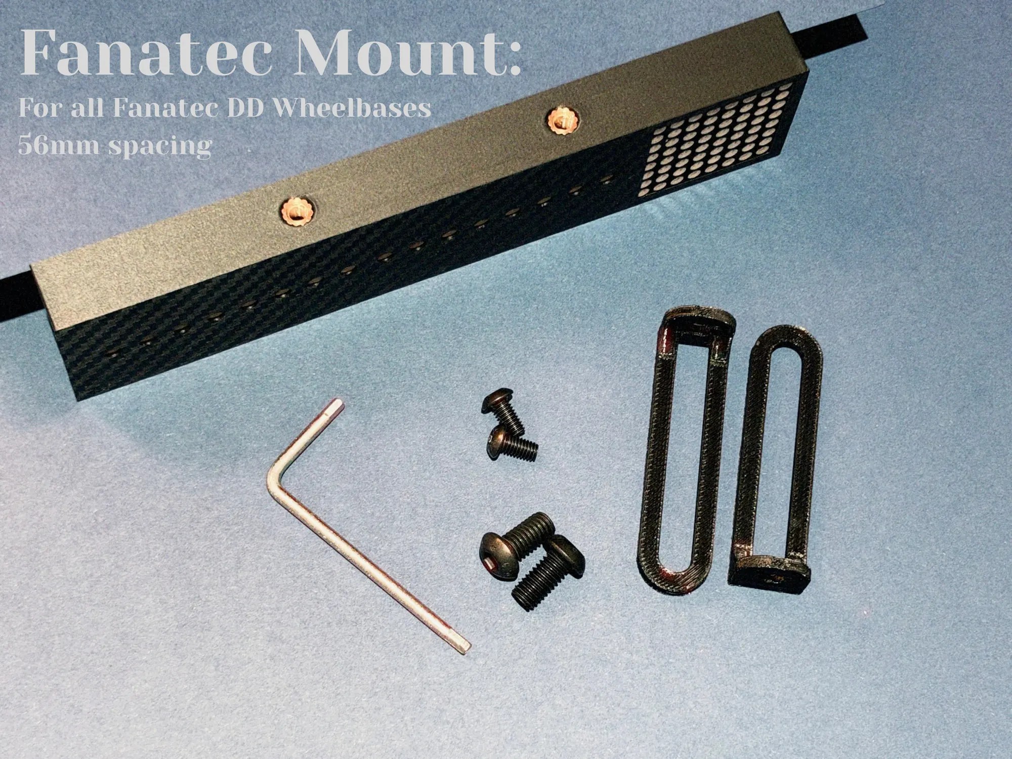 The Fanatec mount and everything that comes with it: the mount, its bolts, two U-brackets and the hex key. Fits all Fanatec DD wheelbases, 56 mm spacing