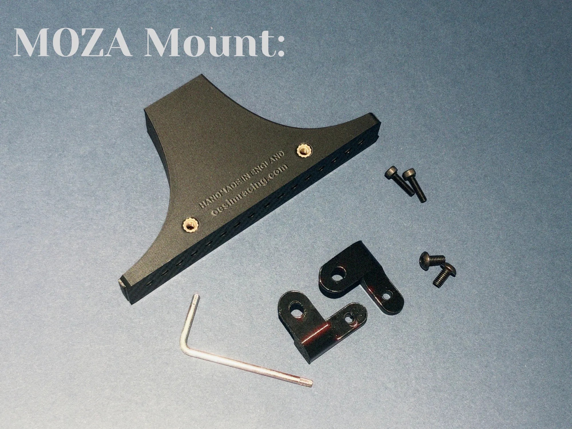 The MOZA mount and everything that comes with it: the mount, its bolts, two angle brackets and the hex key