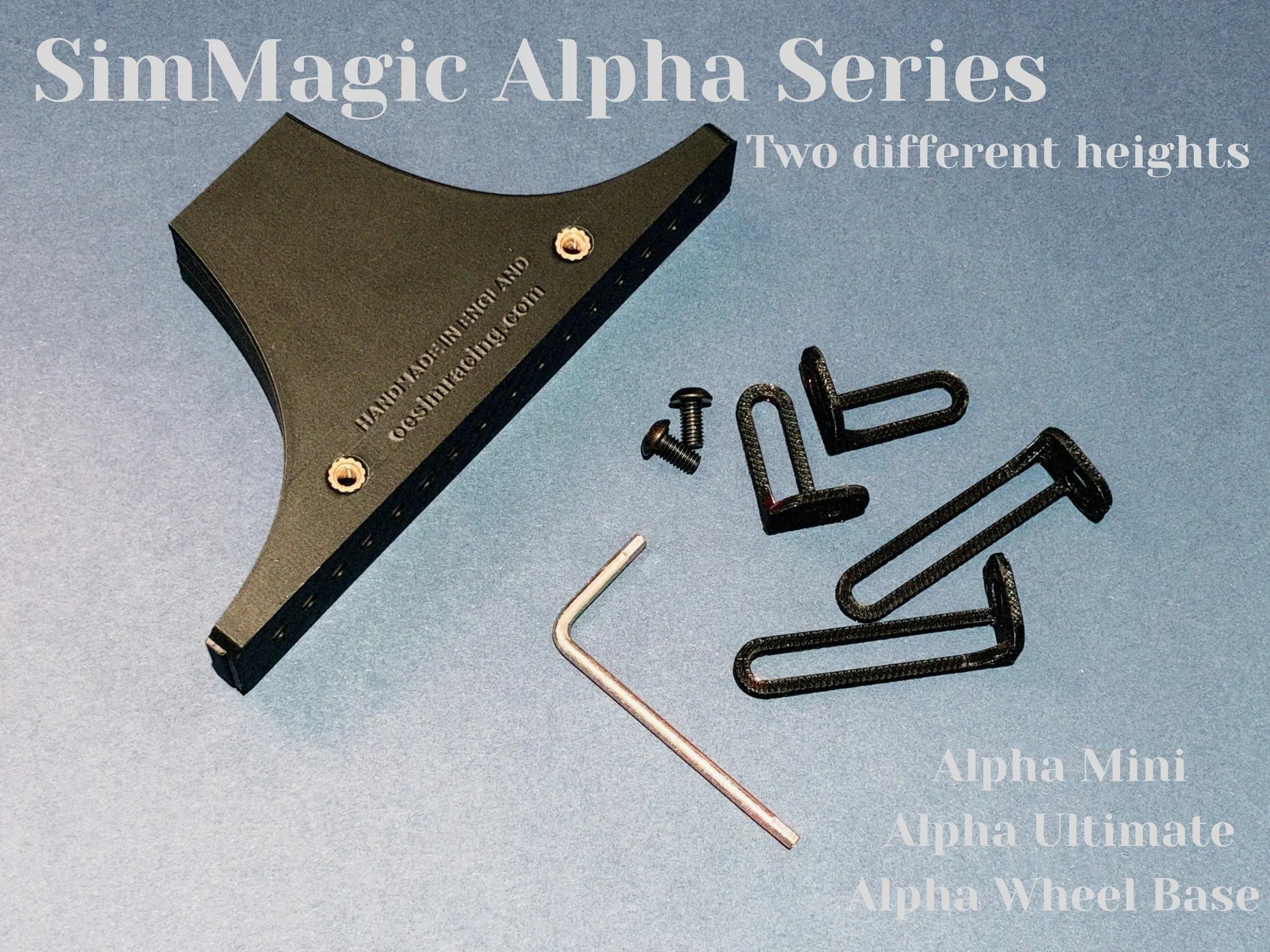 The Simagic Alpha mount with brackets for two different heights, its bolts and the hex key. Fits the Simagic Alpha Mini, Alpha and Alpha Ultimate