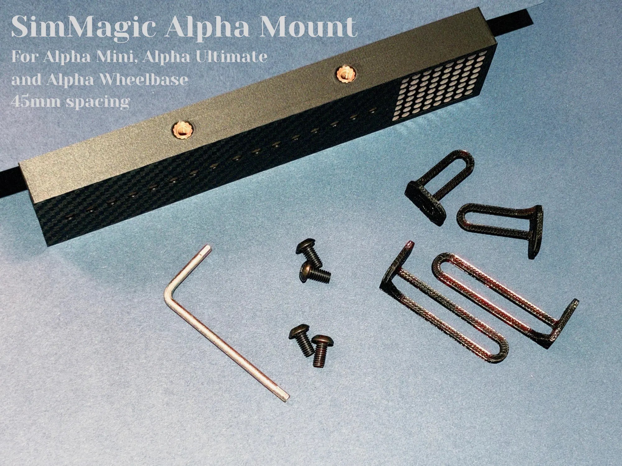 The Simagic Alpha mount with brackets for two different heights, its bolts and the hex key. Fits the Simagic Alpha Mini, Alpha and Alpha Ultimate, 45 mm spacing
