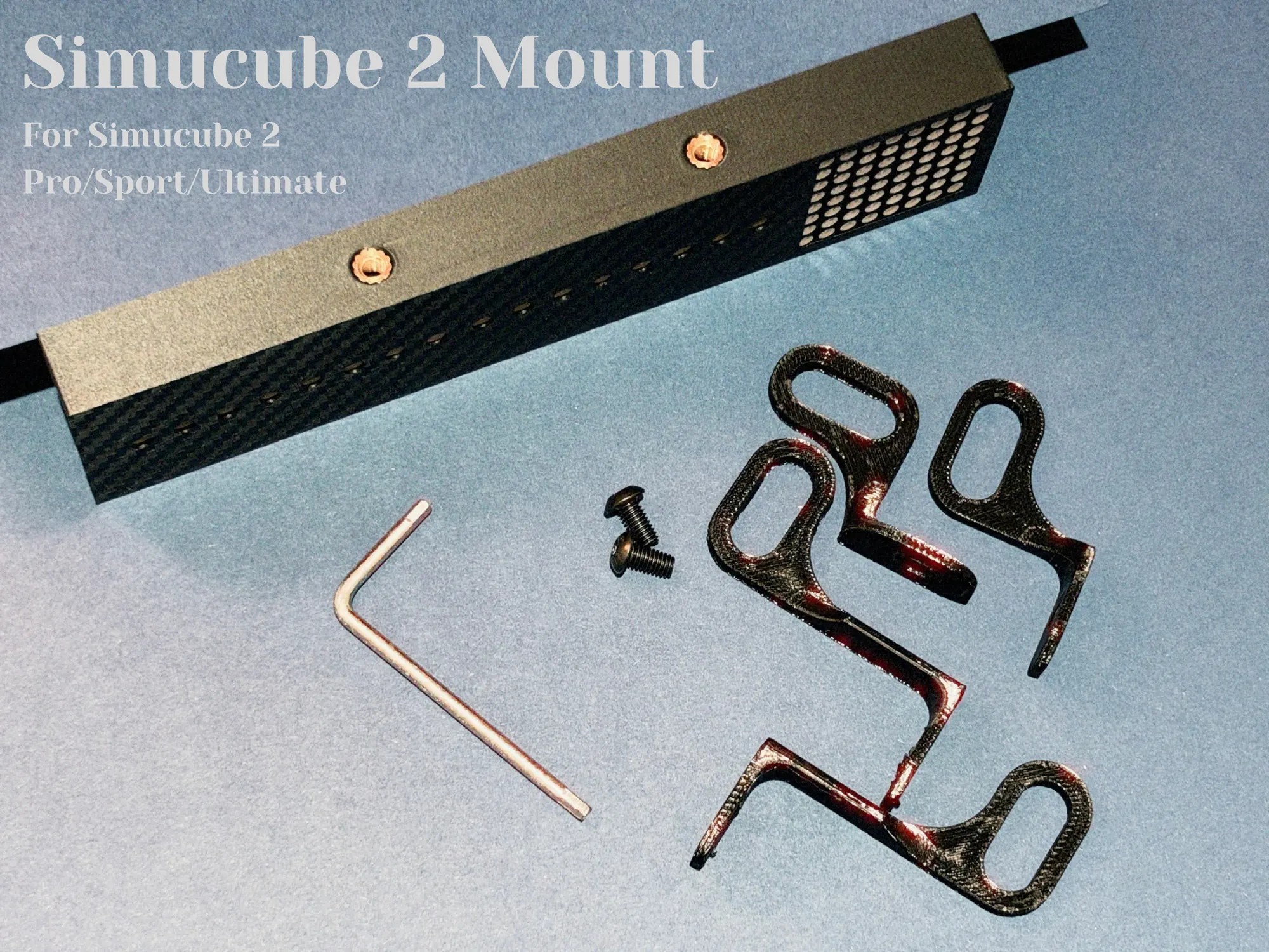 The Simucube 2 mount with brackets for two different heights, its bolts and the hex key. Fits the Simucube 2 Sport, Pro and Ultimate