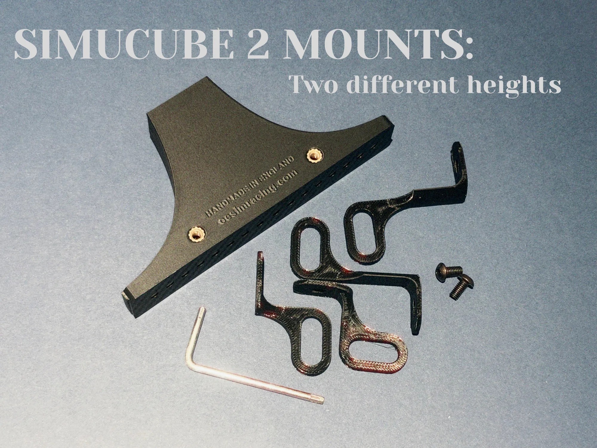 The Simucube 2 mount with brackets for two different heights, its bolt and the hex key