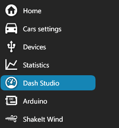 The top of SimHub's left navigation menu — Home, Cars settings, Devices, Statistics, Dash Studio highlighted in blue, Arduino and ShakeIt Wind — cropped from a longer list