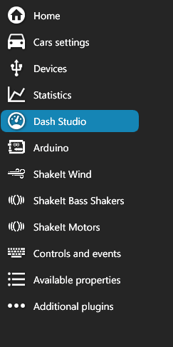 SimHub's left navigation menu with Dash Studio highlighted in blue, listed between Statistics and Arduino, alongside Home, Cars settings, Devices, ShakeIt Wind, ShakeIt Bass Shakers, ShakeIt Motors, Controls and events, Available properties and Additional plugins