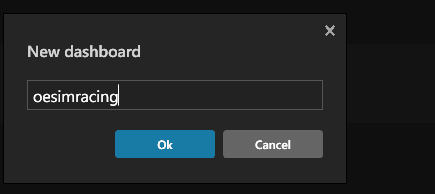The New dashboard dialog in SimHub with the name field filled in, and Ok and Cancel buttons