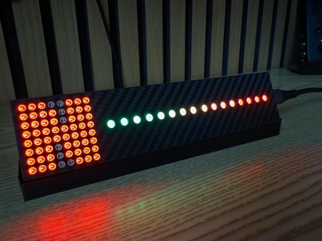Gear Indicator + Shift Lights sim racing display at an angle, gear-number matrix and rev LEDs lit