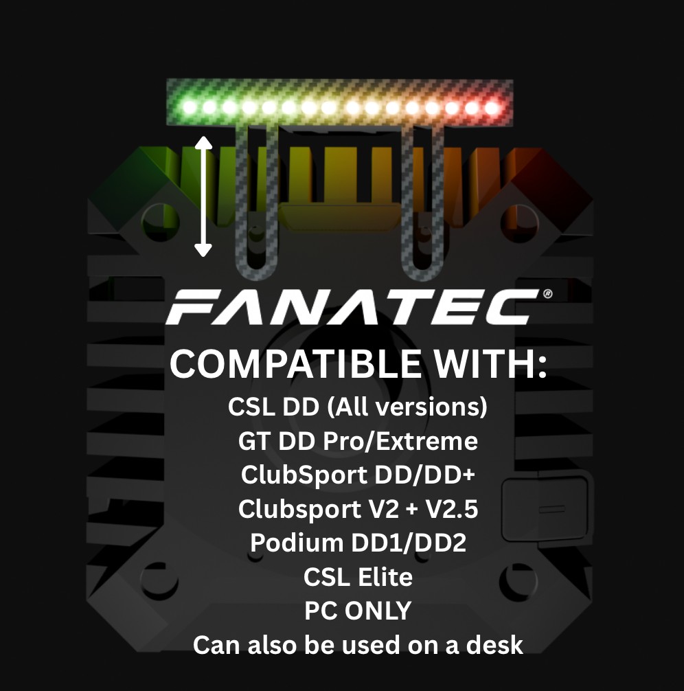 Fanatec compatibility: CSL DD (all versions), GT DD Pro/Extreme, ClubSport DD/DD+, ClubSport V2 & V2.5, Podium DD1/DD2, CSL Elite, and any other Fanatec wheel with the standardised peripheral mounting holes - PC only, can also be used on a desk