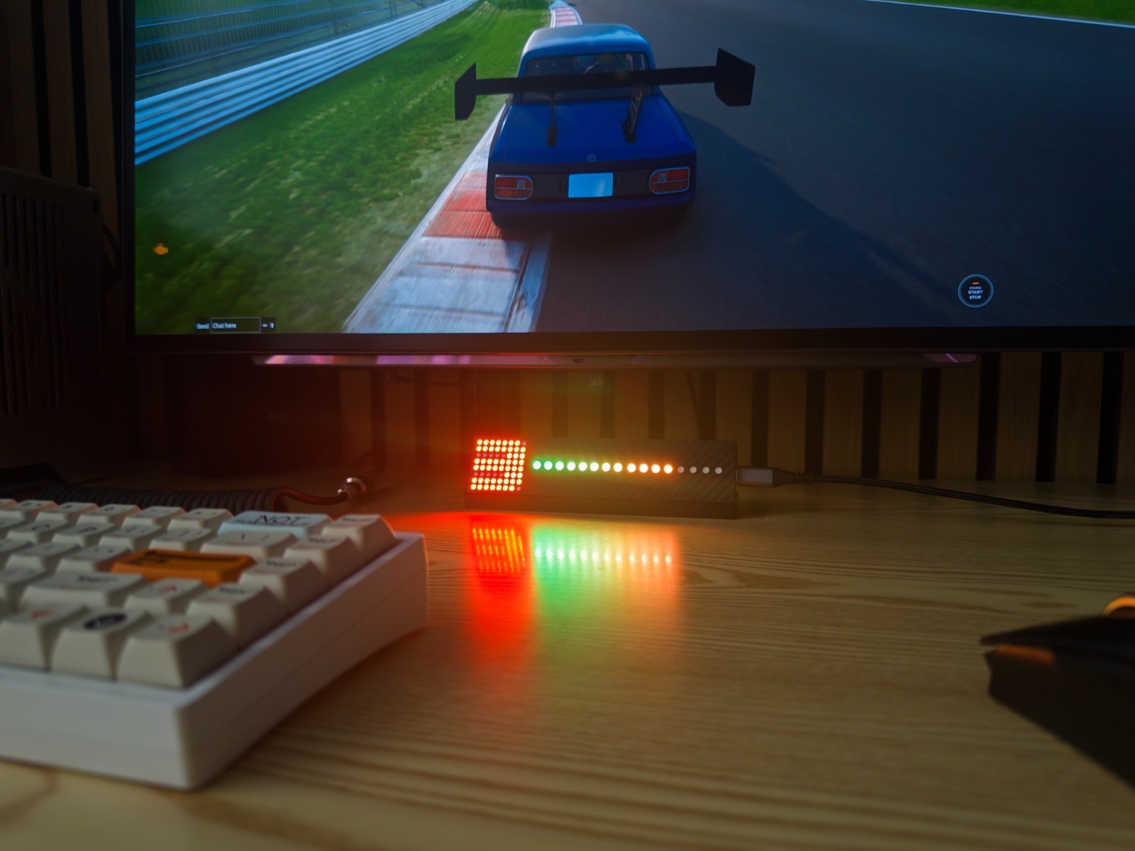 Gear Indicator + Shift Lights sim racing LED display fully lit on a desk