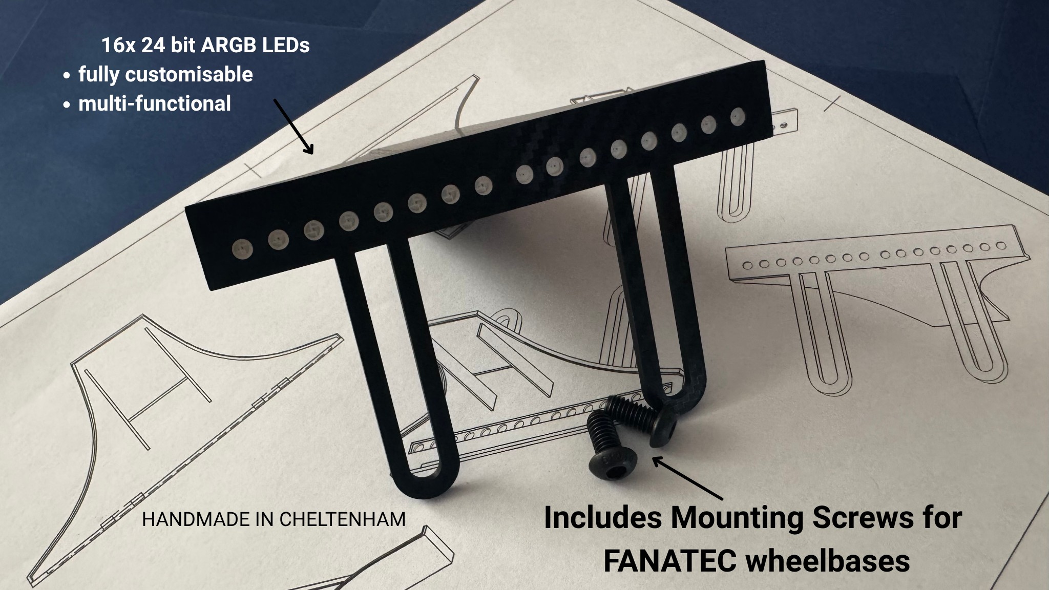 Unlit Rev Gauge shift light bar on its carbon-fibre legs - 16 x 24-bit ARGB LEDs, fully customisable, handmade in Cheltenham, includes mounting screws for Fanatec wheelbases