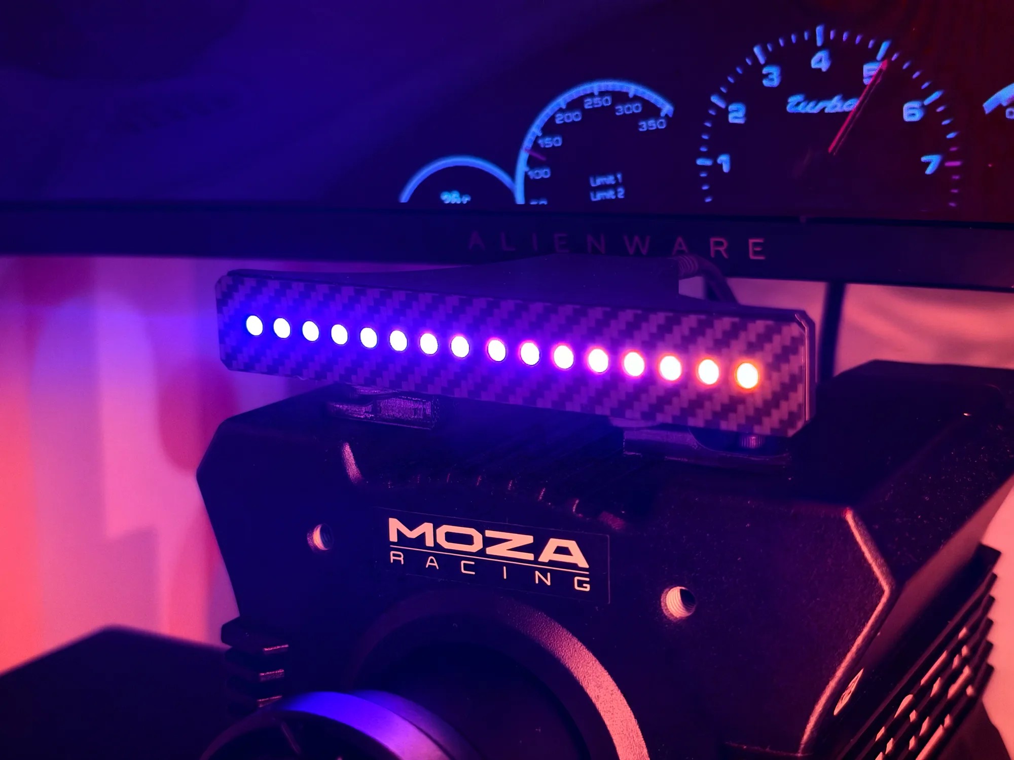 Shift Lights Pro on a MOZA wheelbase lit blue and white across all 16 LEDs