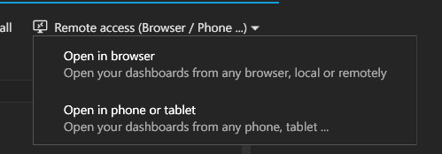The Remote access dropdown in SimHub showing Open in browser and Open in phone or tablet options