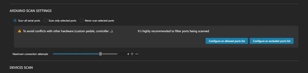 SimHub Arduino scan settings: Scan all serial ports selected, with a recommendation to filter scanned ports and maximum connection attempts set to 4