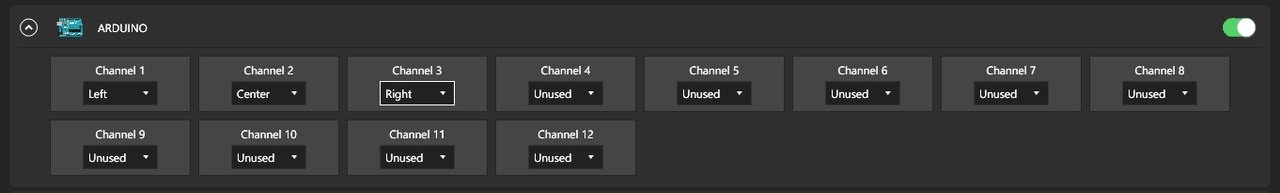 SimHub's Arduino wind output expanded, showing twelve channel slots — Channel 1 set to Left, Channel 2 to Centre, Channel 3 to Right, and Channels 4 through 12 set to Unused