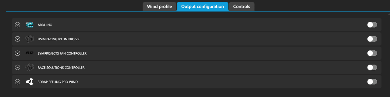 SimHub's ShakeIt Wind Output configuration tab listing five supported devices — Arduino, HSimracing R'Fun Pro V2, SymProjects Fan Controller, Race Solutions Controller and 3DRap Feeling Pro Wind — each with an on/off toggle