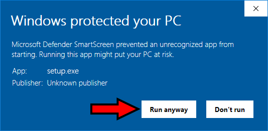 Windows Defender SmartScreen dialog with the Run anyway button highlighted