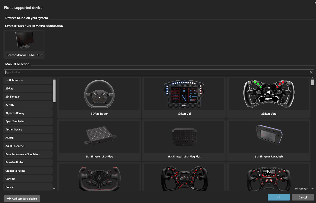 SimHub's Pick a supported device dialog, showing a generic monitor detected on the system, a brand filter list down the left from 3DRap to Corsair, device tiles including 3DRap Roger, Viri and Vota and the 3D-Simgear LED-Flag and Racedash, and a result count of 217 in the lower right