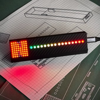 Gear Indicator + Shift Lights sim racing display on oesimracing design blueprints - carbon-fibre unit with a red 8x8 gear matrix and a 16-LED green-to-red shift-light bar, USB-C connected