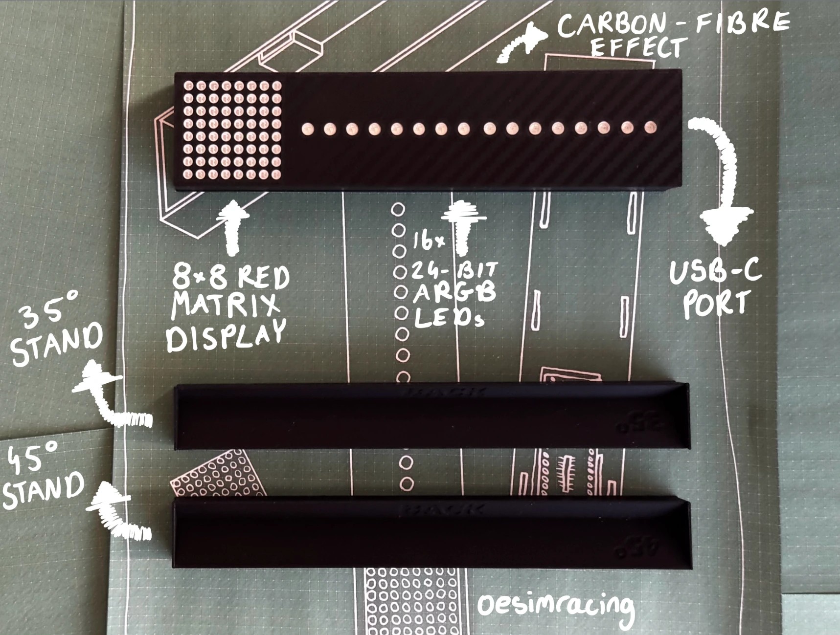 What's in the box: the Gear Indicator + Shift Lights unit with its 8x8 red matrix display, 16 x 24-bit ARGB LEDs, carbon-fibre-effect body and USB-C port, plus the 35-degree and 45-degree angled desk stands, labelled on an oesimracing design blueprint